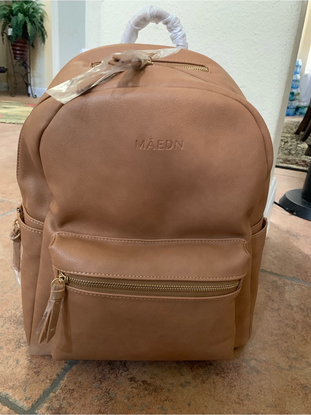 Maedn Tan Faux Leather diaper bag/ Backpack for women